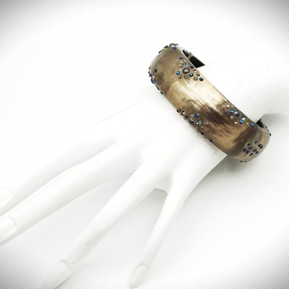 ALEXIS BITTAR EUC Brown Lucite & Multi Color Crystals Hinged Bangle Bracelet - Picture 5 of 7
